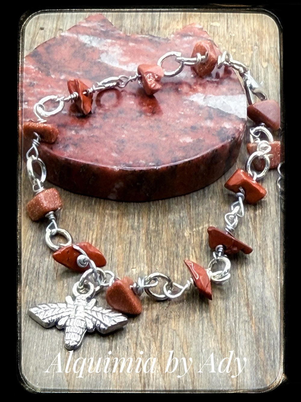 GOLDSTONE + RED JASPER BOHO silver Beaded Bracelet